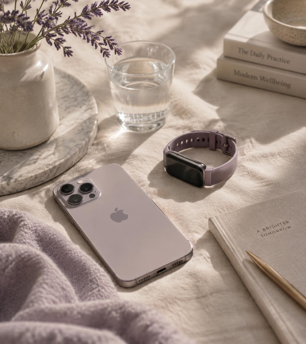 A phone, fitness band and notebook on linen beside lavender